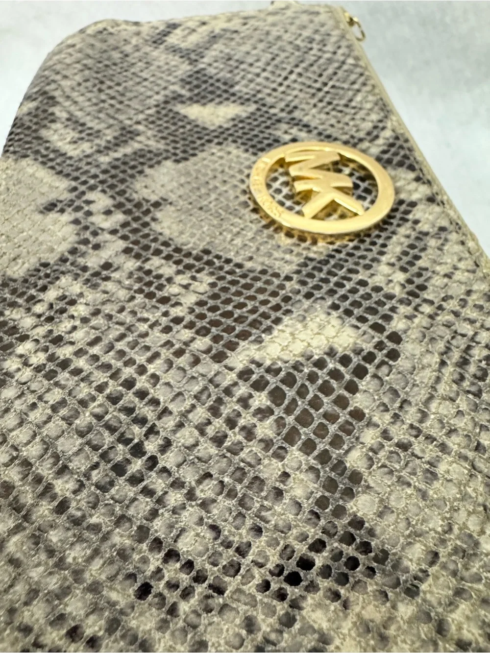 Michael Kors Snakeskin Python Embossed Leather Wristlet Clutch Gold Logo